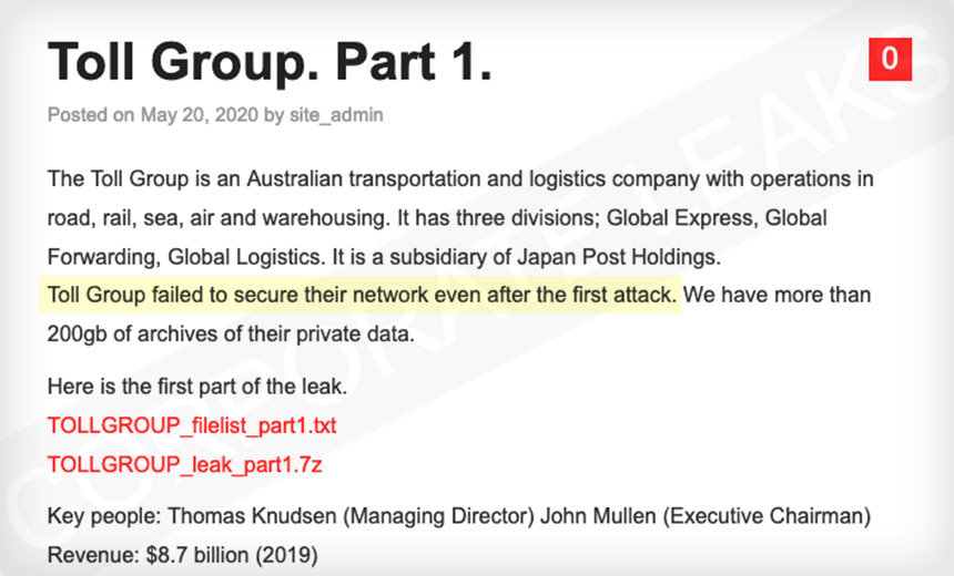 Toll Group Data Leaked Following Second Ransomware Incident